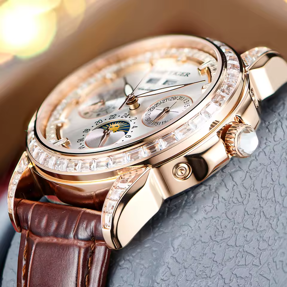 Elegant Diamonds Moonphase Multifuncational Automatic Leather Classic Mens Watch - Image 3
