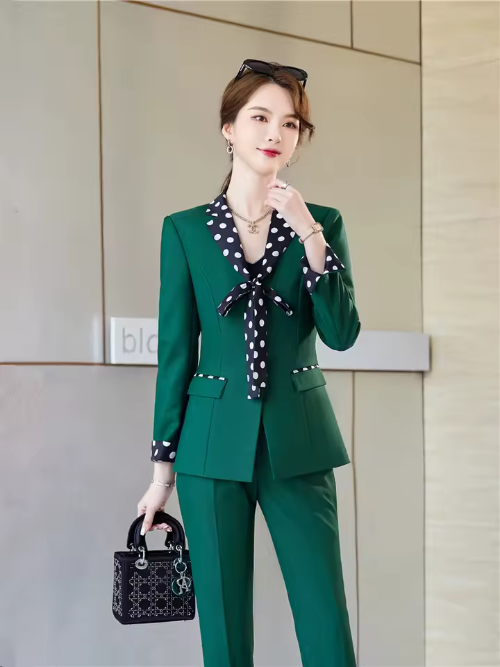 Elegant Double Breasted Scarf Collar Office Blazer and Pants 2 Pieces Outfits - Image 2