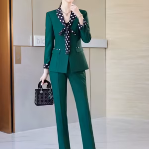 Elegant Double Breasted Scarf Collar Office Blazer and Pants 2 Pieces Outfits