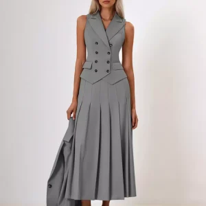 Elegant Double-breasted Lapel Vest And Pleated Long Skirt Two Piece Set