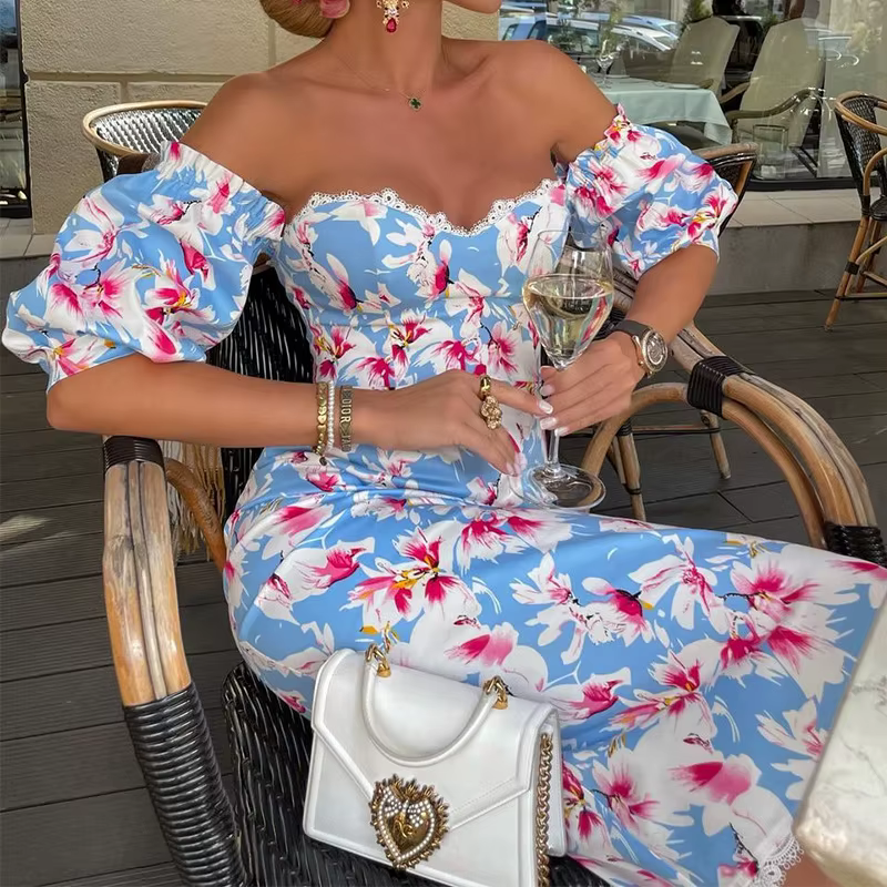 Casual Embroidered Hollow Off Shoulder Puff Sleeve Floral Print Midi Dress