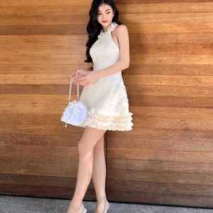 Elegant Floral Ruffles Design Sleeveless Hanging Neck Cinched Slim Mini Dress5454 Elegant Floral Ruffles Design Sleeveless Hanging Neck Cinched Slim Mini Dress