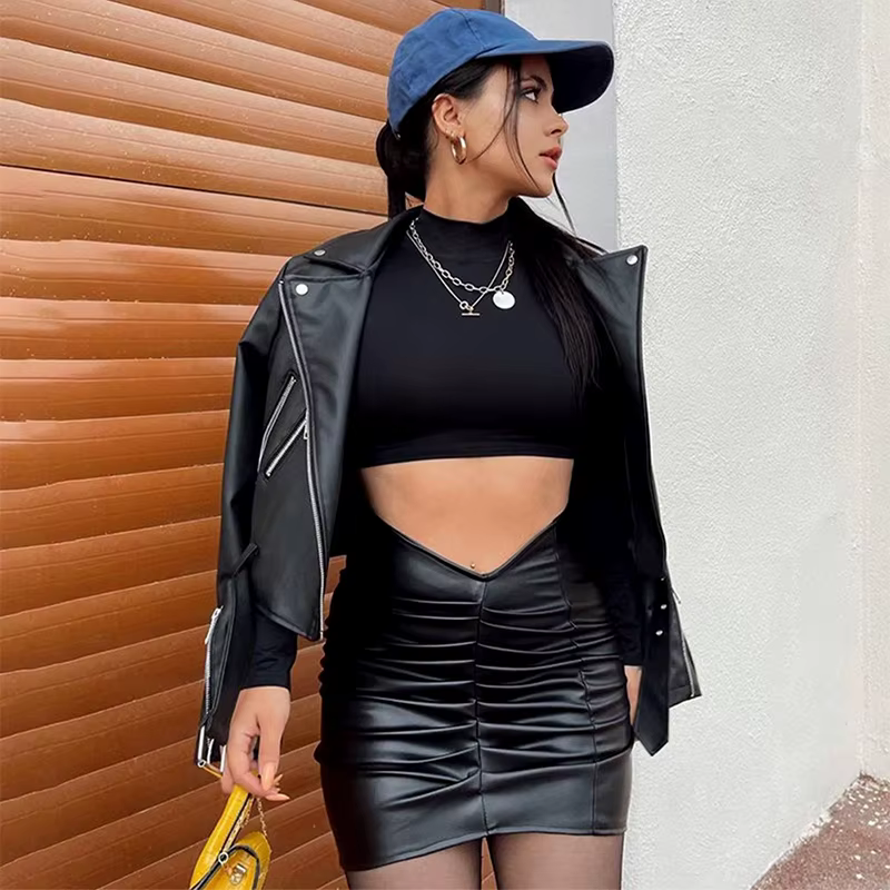 Elegant Folds Bodycon High Waist Slim Party Club PU Skirt Streetwear