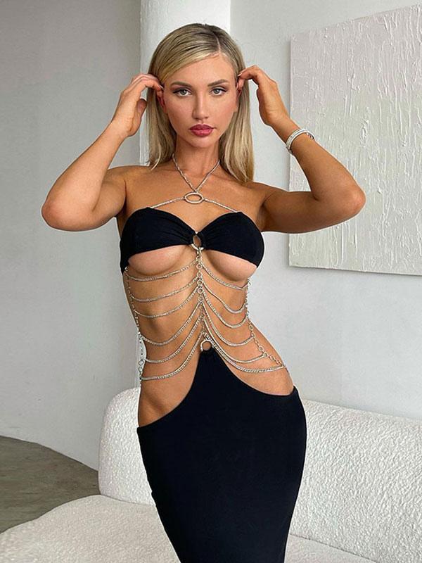 Elegant Halter Neck Chain Backless Maxi Dress - Image 3