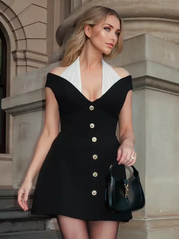 Elegant Halter Neck Raised Off-shoulder Bodycon Mini Dress - Image 2