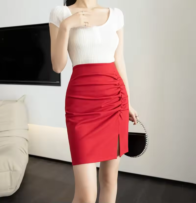 Elegant High Waist Office Pencil Folds Slim Bodycon  Mini Skirt