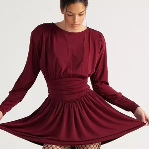Elegant Jewel Long Sleeve Pleated Skater Mini Dress