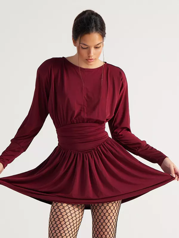 Elegant Jewel Long Sleeve Pleated Skater Mini Dress