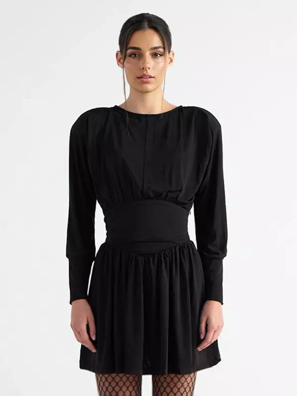 Elegant Jewel Long Sleeve Pleated Skater Mini Dress - Image 8