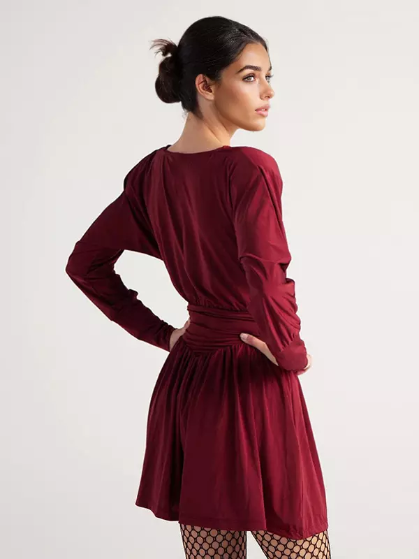 Elegant Jewel Long Sleeve Pleated Skater Mini Dress - Image 5