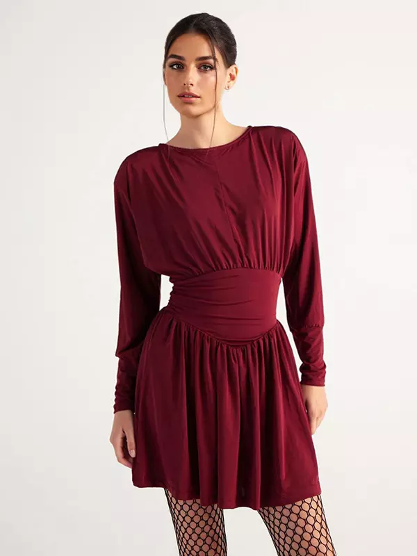 Elegant Jewel Long Sleeve Pleated Skater Mini Dress - Image 3
