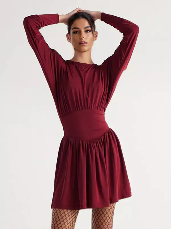 Elegant Jewel Long Sleeve Pleated Skater Mini Dress - Image 4