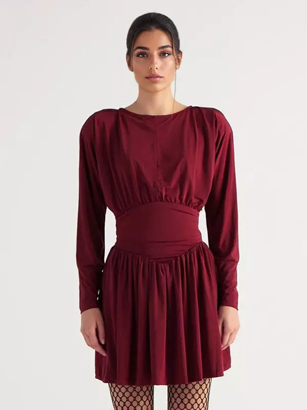 Elegant Jewel Long Sleeve Pleated Skater Mini Dress - Image 2