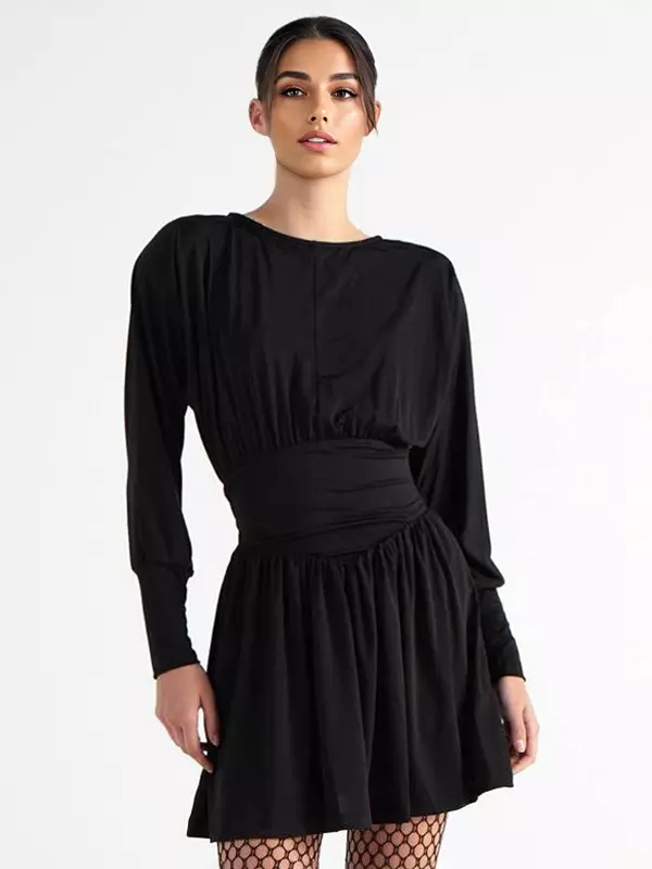 Elegant Jewel Long Sleeve Pleated Skater Mini Dress - Image 9