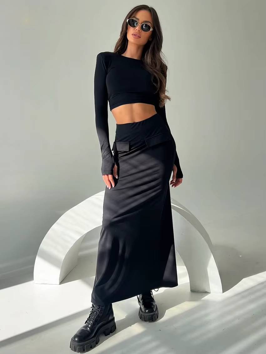 Elegant Knitted Long Sleeve Crop Top With High Waist Long Skirt 2 Piece Sets - Image 3