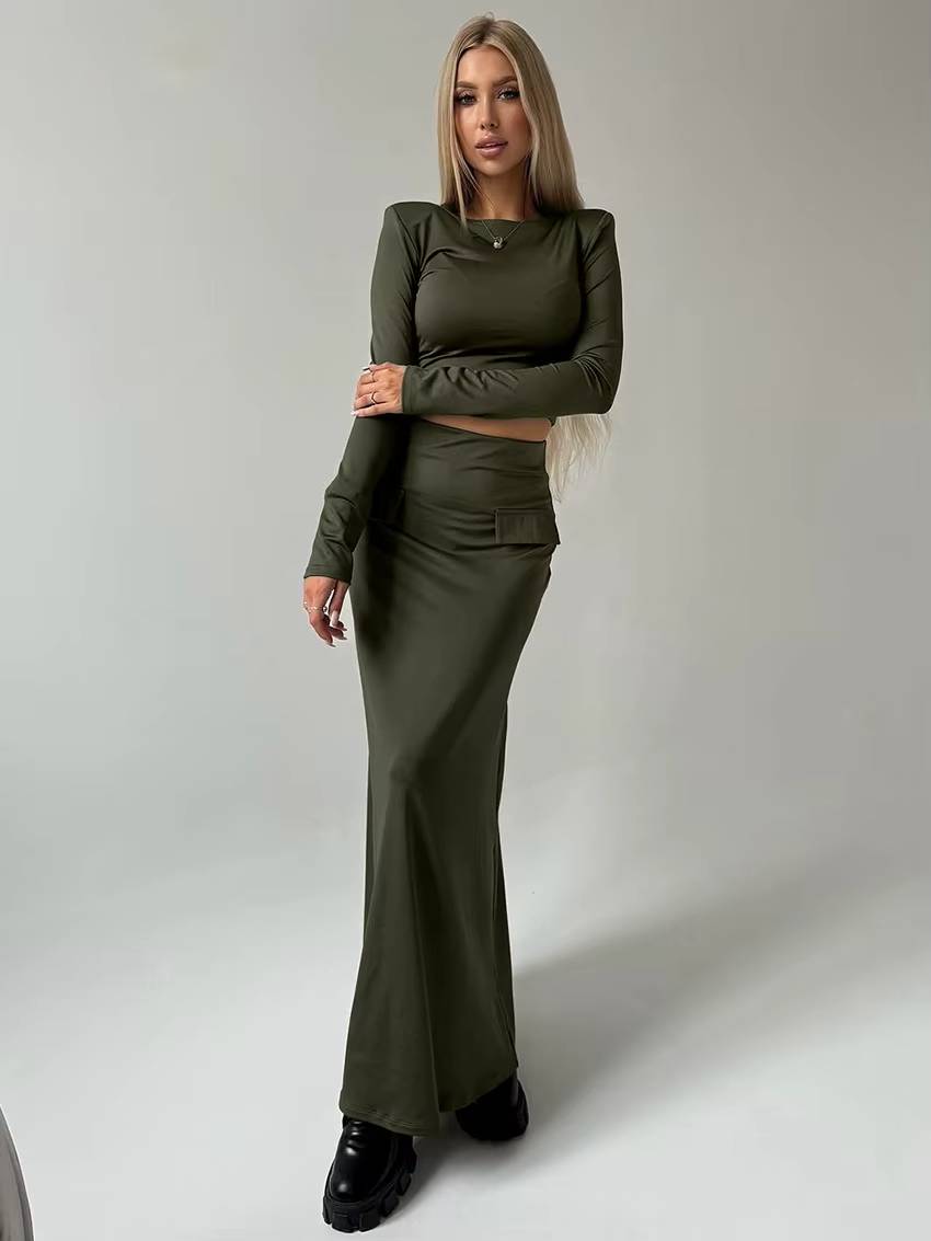 Elegant Knitted Long Sleeve Crop Top With High Waist Long Skirt 2 Piece Sets