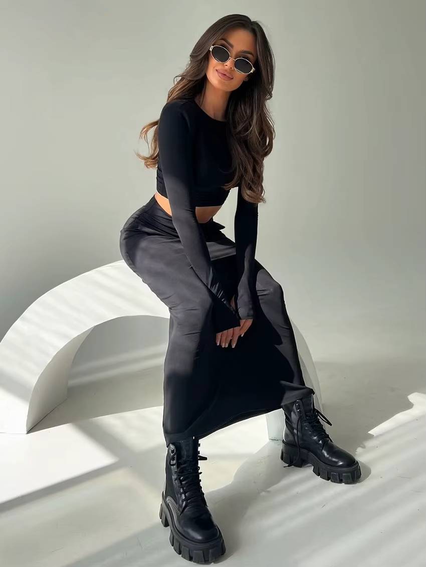 Elegant Knitted Long Sleeve Crop Top With High Waist Long Skirt 2 Piece Sets - Image 4