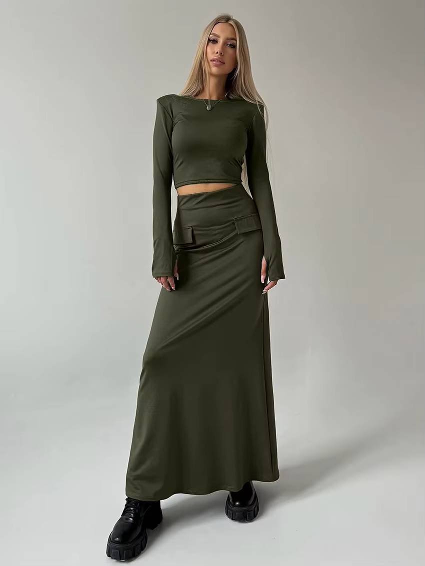 Elegant Knitted Long Sleeve Crop Top With High Waist Long Skirt 2 Piece Sets - Image 2