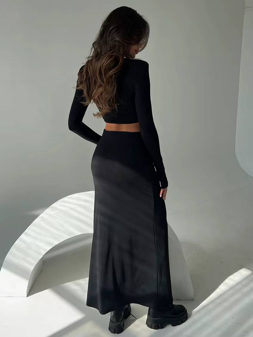 Elegant Knitted Long Sleeve Crop Top With High Waist Long Skirt 2 Piece Sets - Image 5
