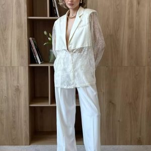 Elegant Lace Single Breasted Loose Lapel Long Sleeve Shirts With Pant 2 Piece Set