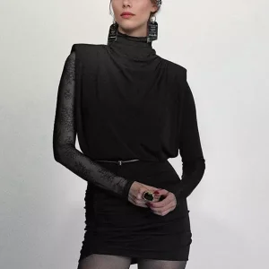 Elegant Lace Sleeve High Neck Bodycon Mini Dress