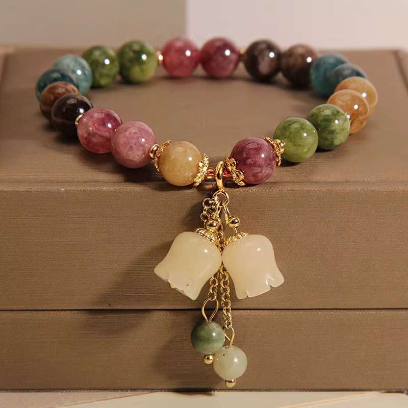 Elegant Lily of the Valley Flower Pendant Elastic Beaded Natural Stone Bracelets