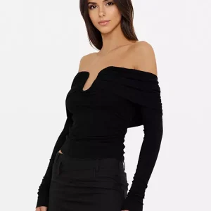 Elegant Long Sleeve Crop Top Off-Shoulder V-neck Ruched T-shirt