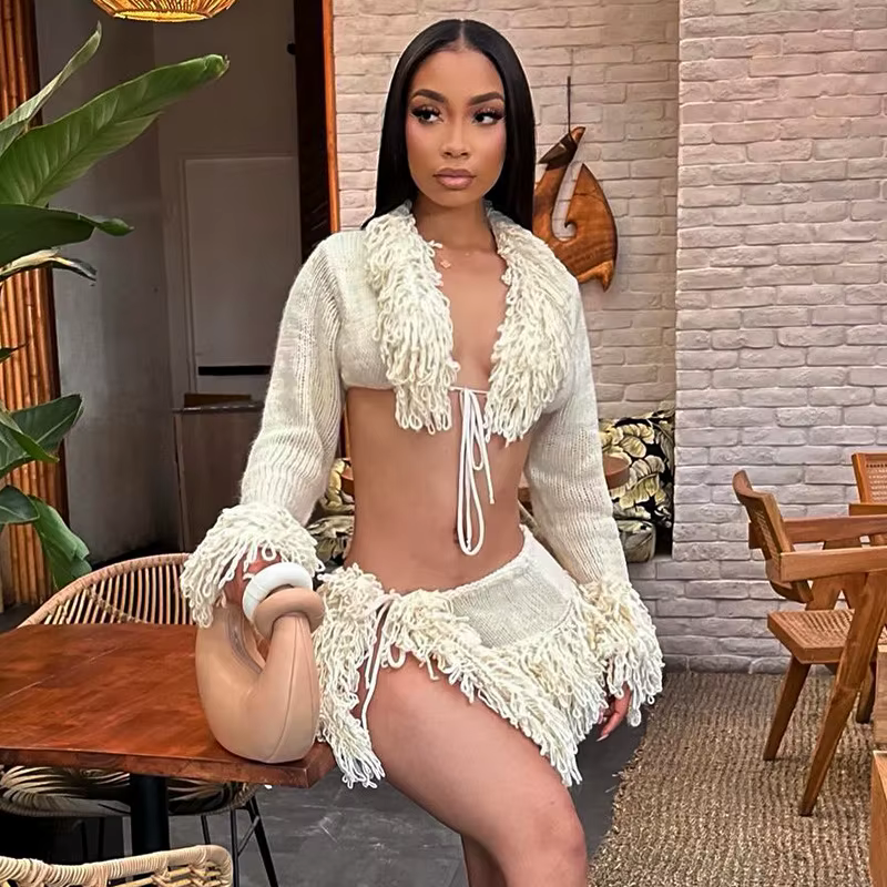 Elegant Long Sleeve Lace-Up Cardigan Tops and Mini Skirts Two Piece Sets