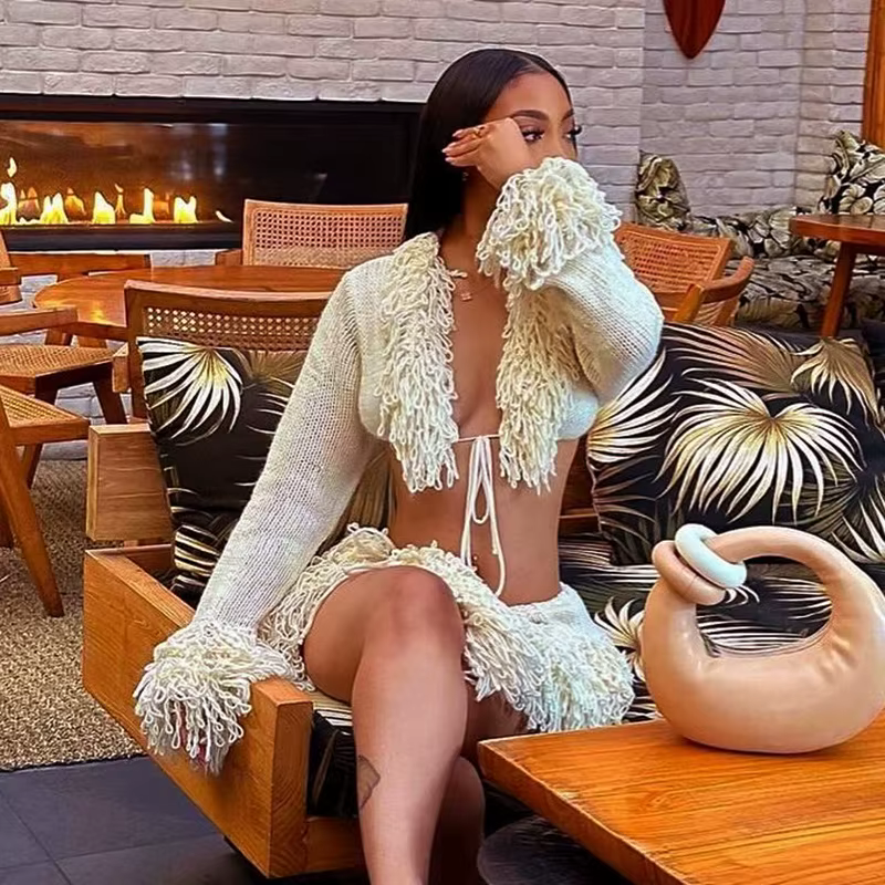 Elegant Long Sleeve Lace-Up Cardigan Tops and Mini Skirts Two Piece Sets - Image 2