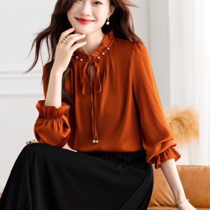 Elegant Long Sleeve Lace up Wooden Ear Collar Fashion Beaded Satin