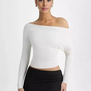 Elegant Long Sleeve Spring One-Shoulder Ruched Top T-shirt