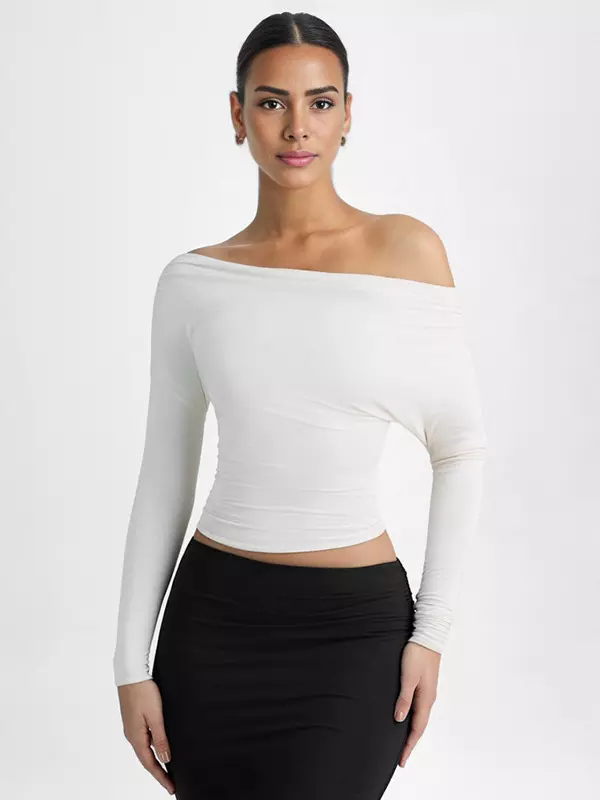 Elegant Long Sleeve Spring One-Shoulder Ruched Top T-shirt