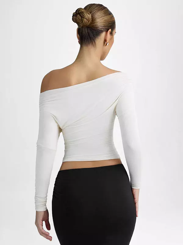 Elegant Long Sleeve Spring One-Shoulder Ruched Top T-shirt - Image 4