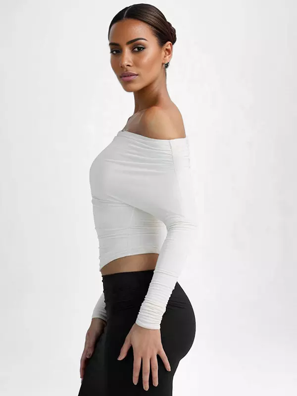 Elegant Long Sleeve Spring One-Shoulder Ruched Top T-shirt - Image 5