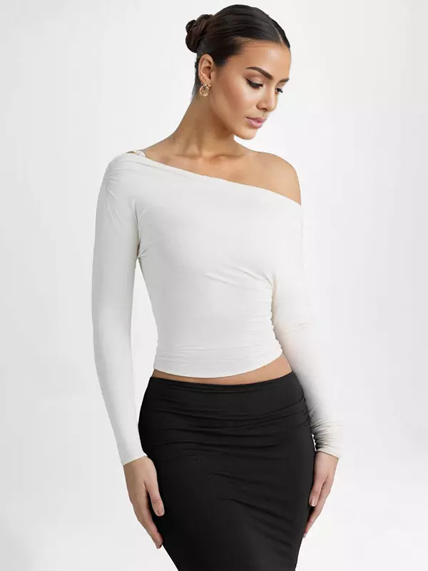 Elegant Long Sleeve Spring One-Shoulder Ruched Top T-shirt - Image 2