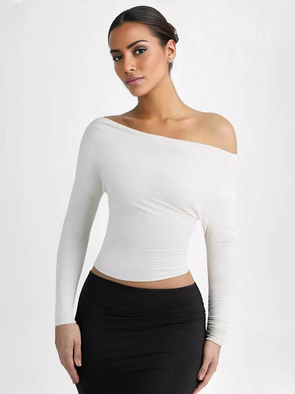 Elegant Long Sleeve Spring One-Shoulder Ruched Top T-shirt - Image 3