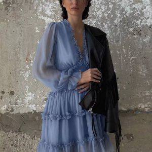 Elegant Loose High Waist Ruffle V-Neck Long Sleeve Mini Dress