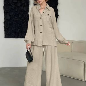 Elegant Loose Long Sleeve Blouse With High Waist Wide Pants 2 Piece Sets