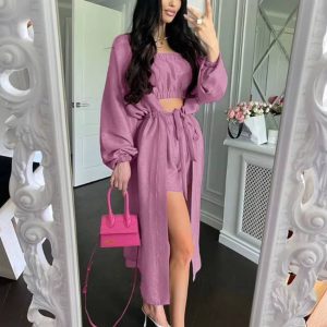 Elegant Loose Long Sleeve Robes And Tube Top With High Waist Shorts 3 Piece Sets