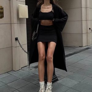 Elegant Loose Long Sleeve Robes Tank Top With High Waist Mini Skirt 3 Piece Set