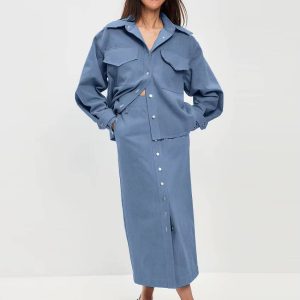 Elegant Loose Long Sleeve Shirt With High Waist Long Skirt 2 Pieces Set