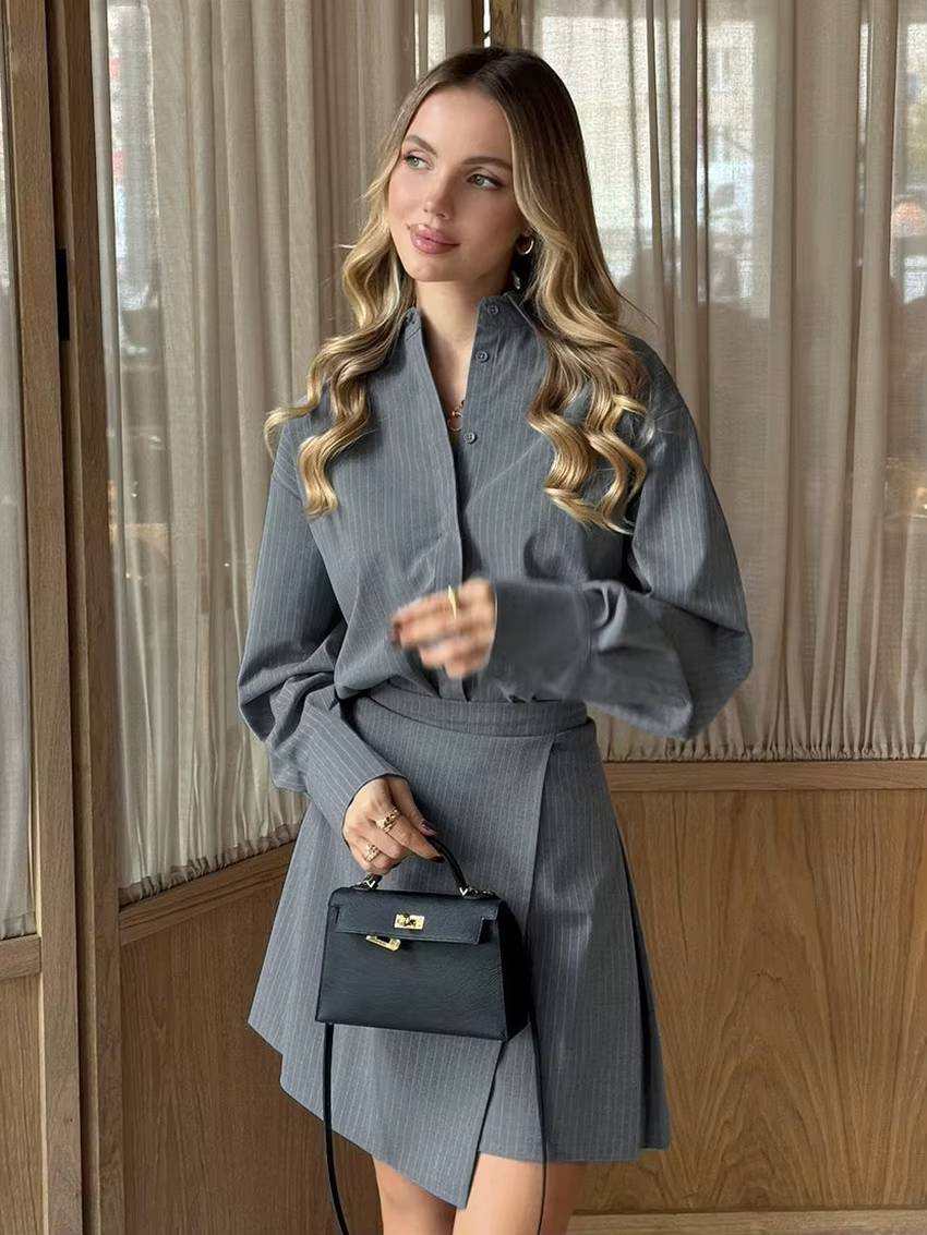 Elegant Loose Long Sleeve Shirt With High Waist Mini Skirt 2 Piece Sets - Image 4