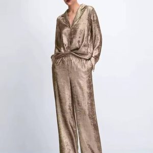 Elegant Loose Long Sleeve Shirt With High Waist Wide Pants 2 Pieces Set