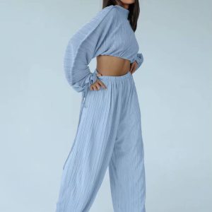 Elegant Loose Pleated Long Sleeve Crop Top With High Waist Wide Pants 2 Pieces Set