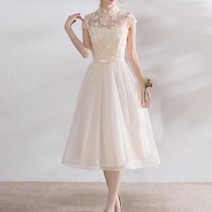 Elegant Mandarin Collar Lace Applique Cap Sleeve Bow Sash Short Dress