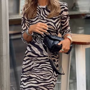 Elegant O-Neck Long Sleeve Printing Loungewear Zebra Stripes Maxi Dress