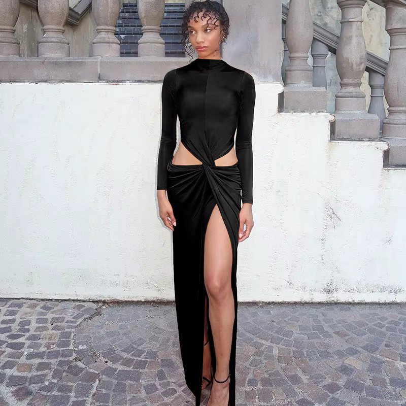 Elegant O-Neck Pleat Hollow Full Sleeve Stretch Bandage Bodycon Maxi Dress