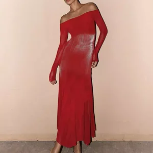 Elegant Off-Shoulder Long Sleeve Textured Bodycon Maxi Dress