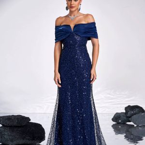 Elegant Off Shoulder Sequin Mermaid Floor Length Evening Party Gown