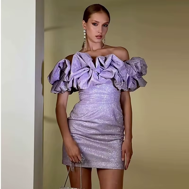 Elegant Off-Shoulder Sparkling Strapless High Waist Birthday Party Mini Dress